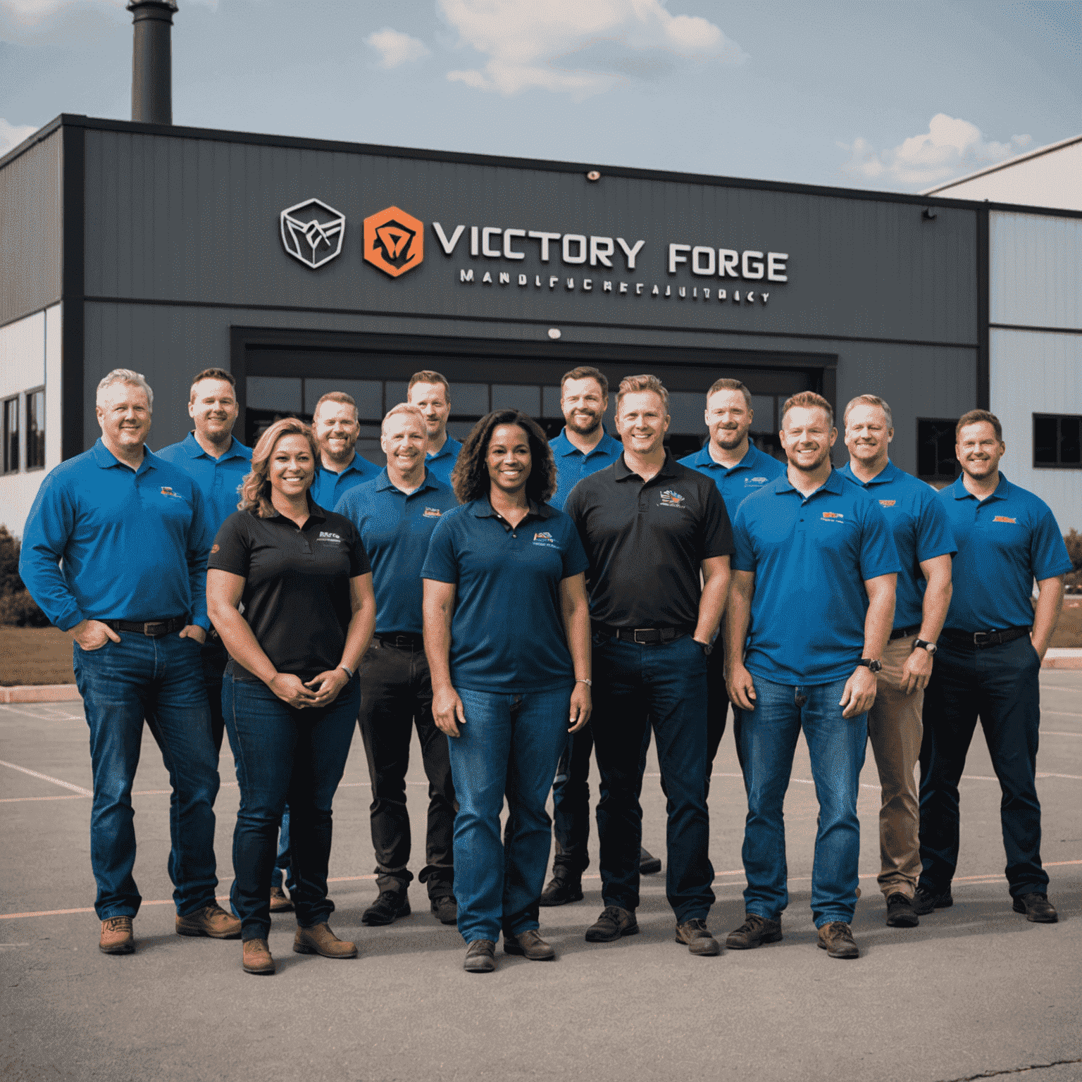 The VictoryForge team standing in front of their USA-based manufacturing facility. The image shows a diverse group of individuals wearing company-branded attire, with the factory building visible in the background. The facility looks modern and clean, emphasizing the company's commitment to quality and American manufacturing.