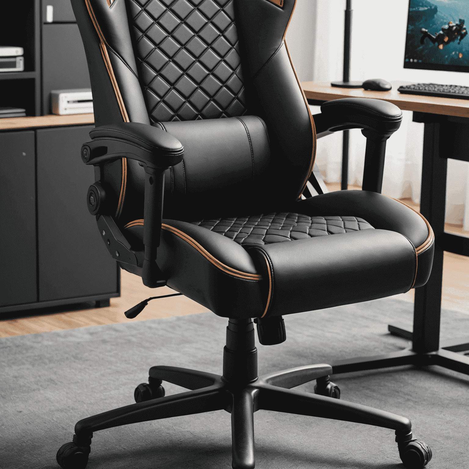 Close-up of gaming chair materials, showing high-quality leather and breathable mesh fabric