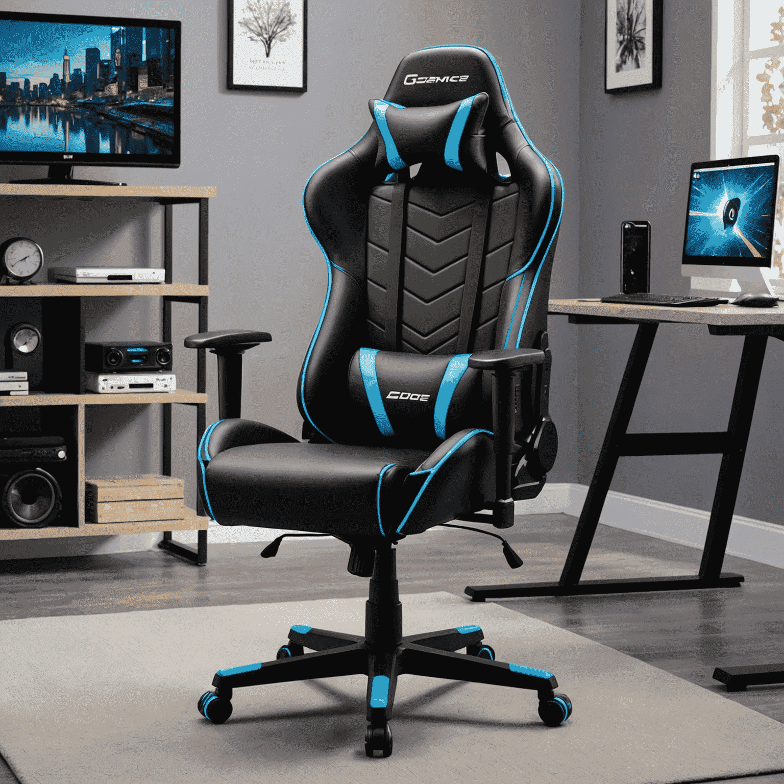 A modern gaming chair with integrated technology features highlighted, such as speakers, USB ports, and LED lighting