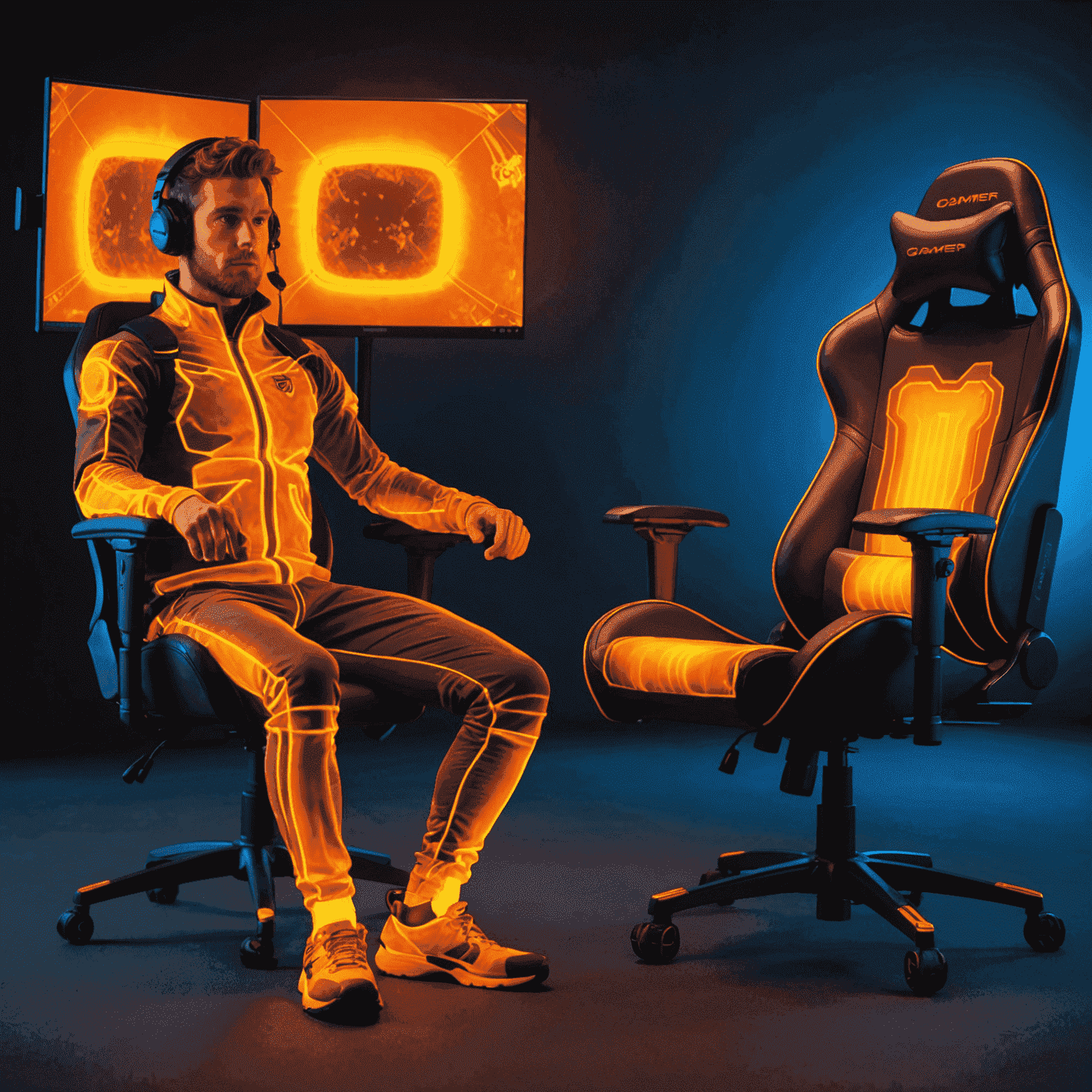 A thermal image comparison of a gamer sitting in a standard chair versus a VictoryForge chair, showing improved heat distribution and cooler sitting surface in the VictoryForge chair