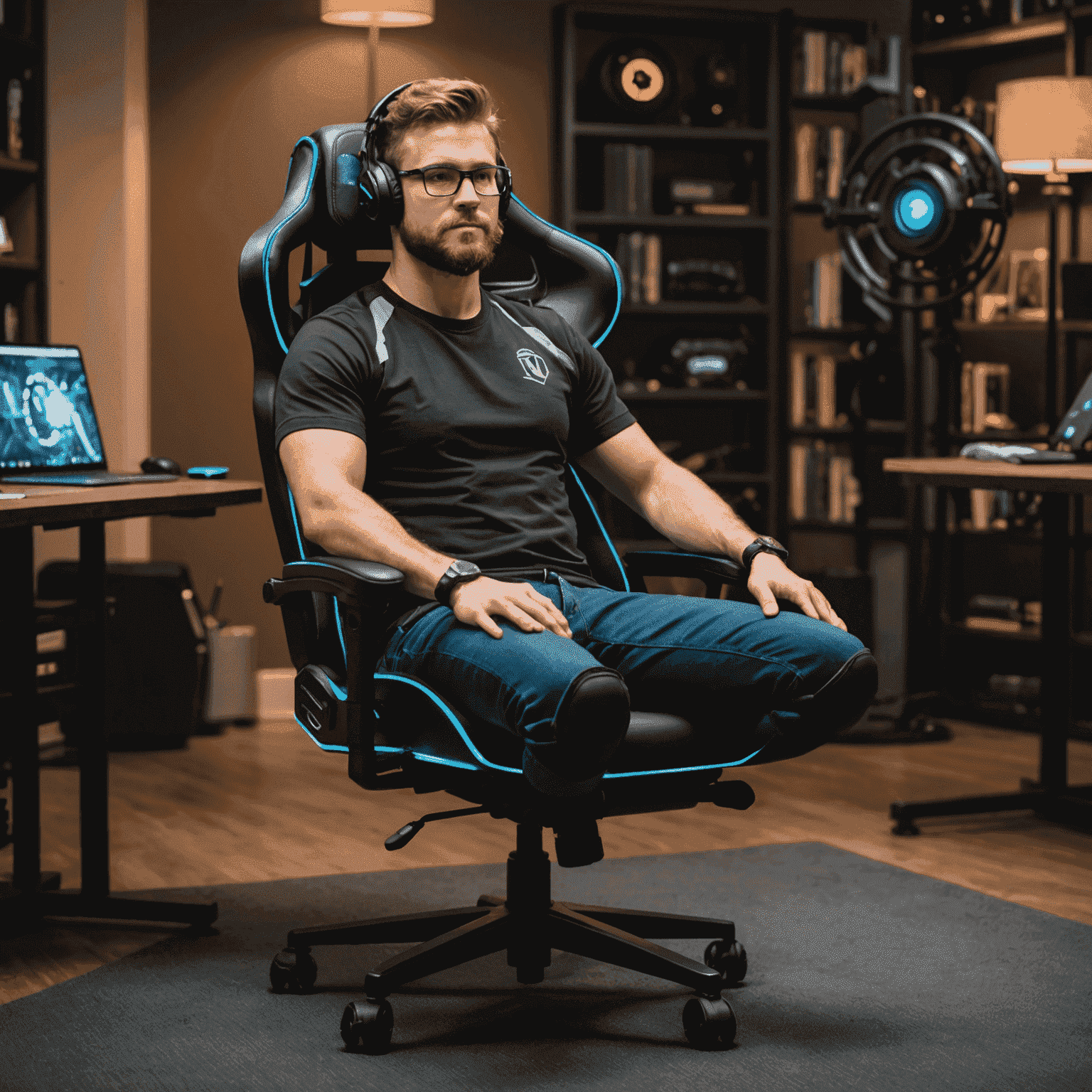 A gamer sitting in a VictoryForge chair with proper posture, demonstrating correct weight distribution